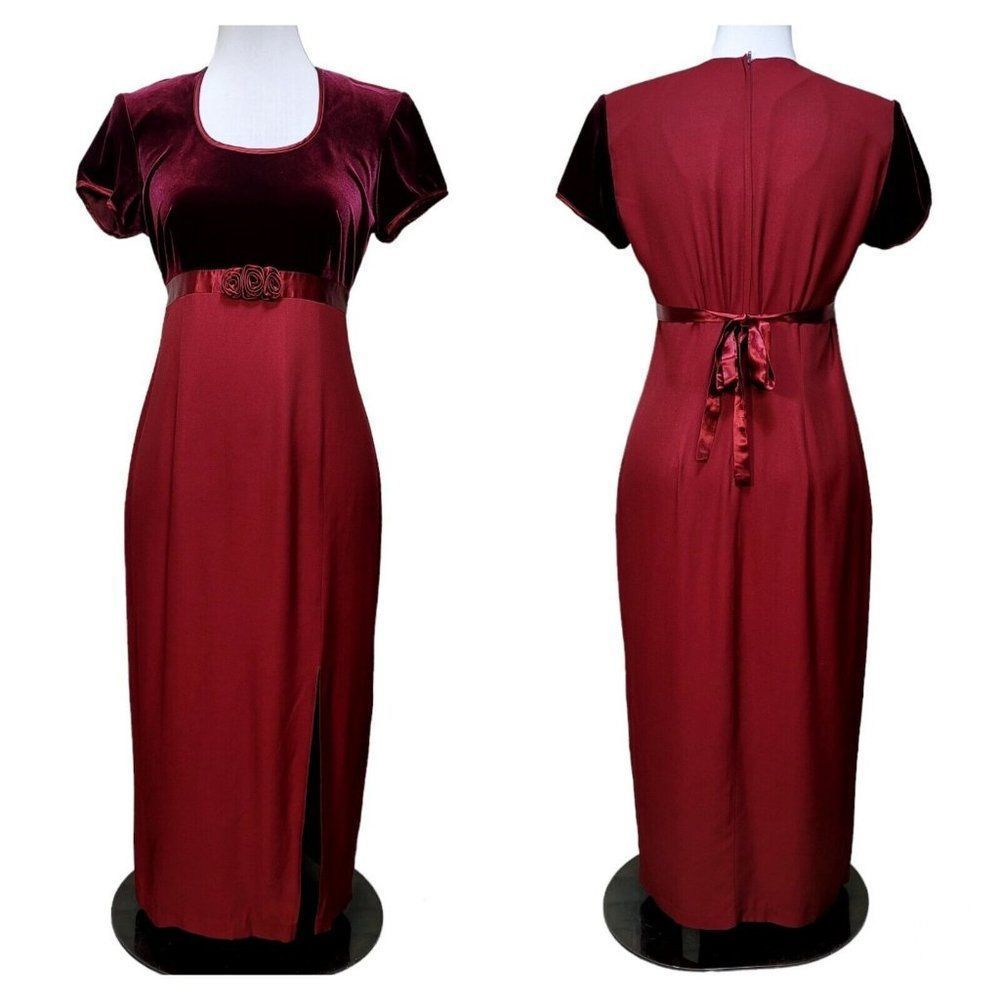 Vintage 90s Burgundy Maxi Dress with Empire Waist Velvet Bodice